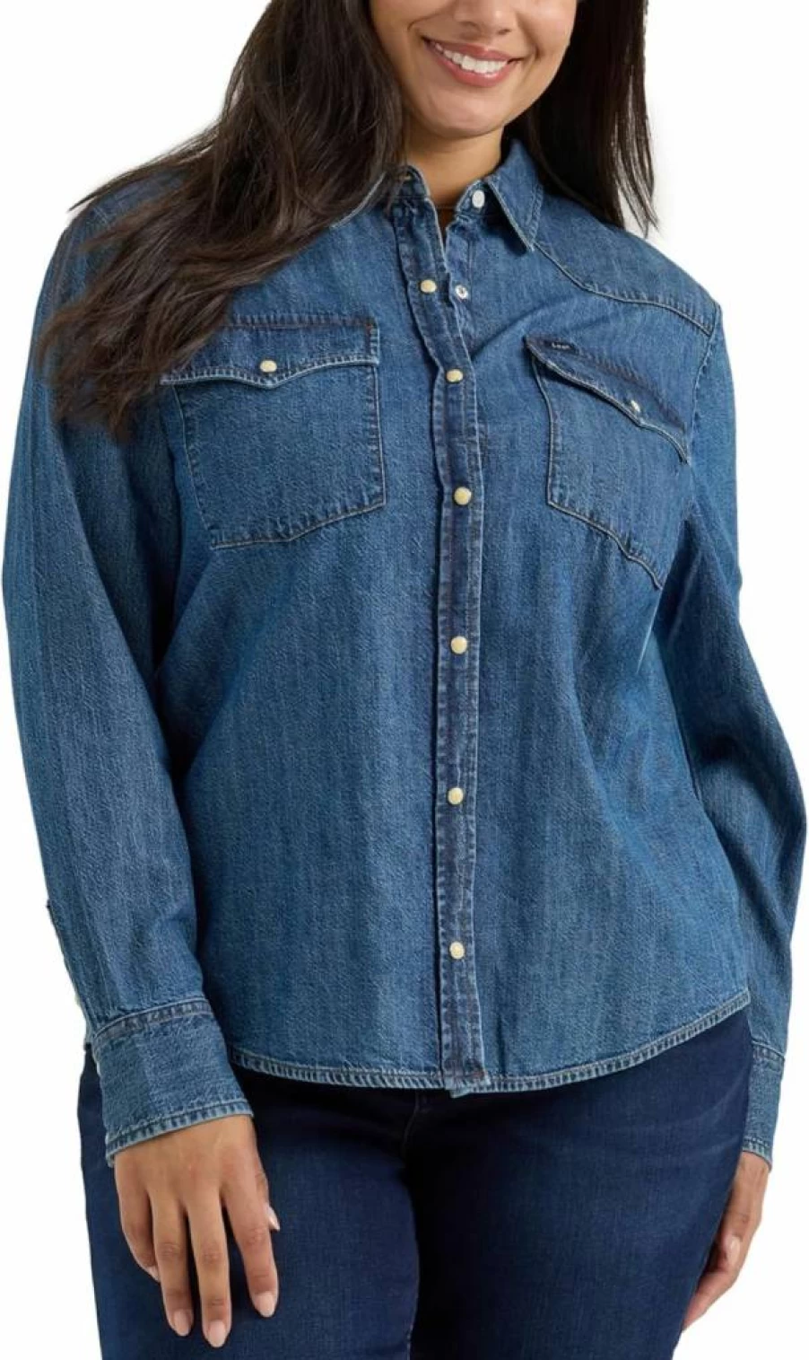 Lee Women's Plus Size Long Sleeve Western Snap Shirt - Classic Denim Button-Up Top